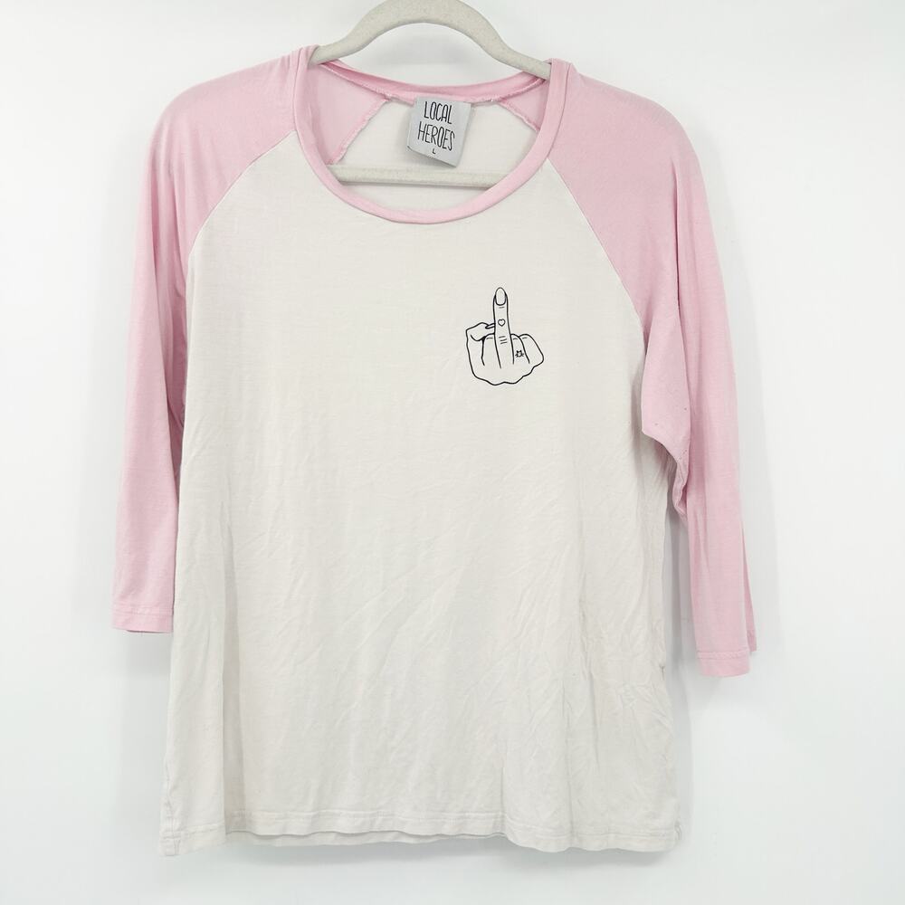 Local Heroes‎ x Revolve Womens Middle Finger 3/4 Raglan Sleeve T-Shirt Size L
